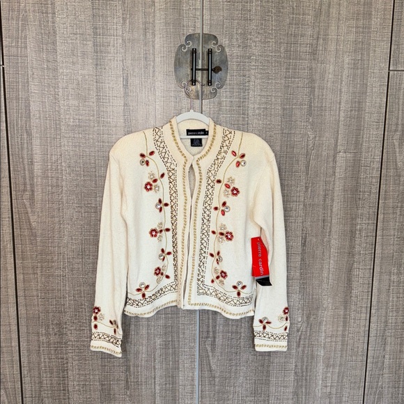 Pierre Cardin Sweaters - Pierre Cardin Silk And Angora Blend Embroidered Cream‎ Cardigan